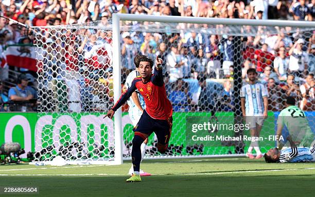 Ferran Torres of Spain celebrates scoring his team's first goal during the FIFA World Cup 2026 Final match between Spain and Argentina at New York...
