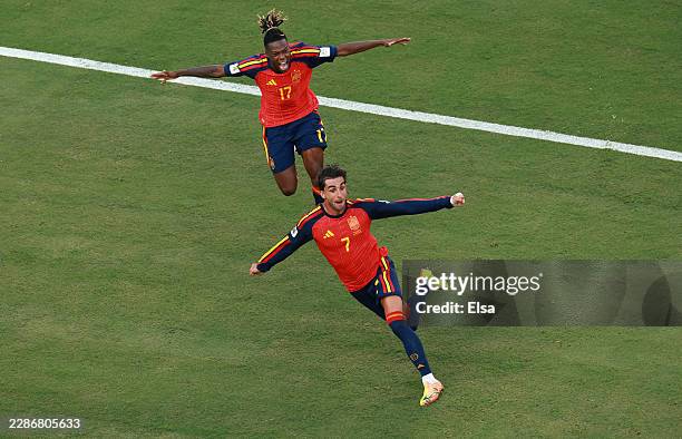 Ferran Torres of Spain celebrates scoring his team's first goal during the FIFA World Cup 2026 Final match between Spain and Argentina at New York...