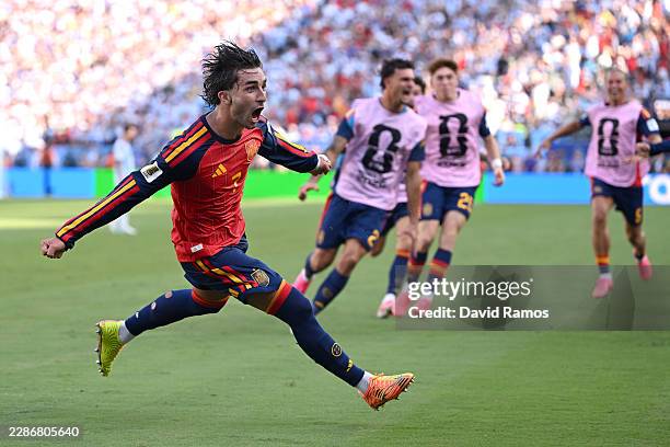 Ferran Torres of Spain celebrates scoring his team's first goal during the FIFA World Cup 2026 Final match between Spain and Argentina at New York...