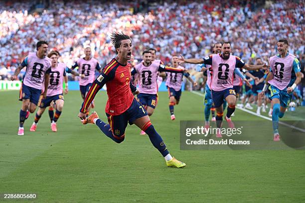 Ferran Torres of Spain celebrates scoring his team's first goal during the FIFA World Cup 2026 Final match between Spain and Argentina at New York...