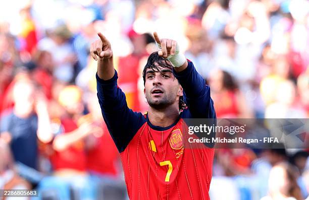 Ferran Torres of Spain celebrates scoring his team's first goal during the FIFA World Cup 2026 Final match between Spain and Argentina at New York...