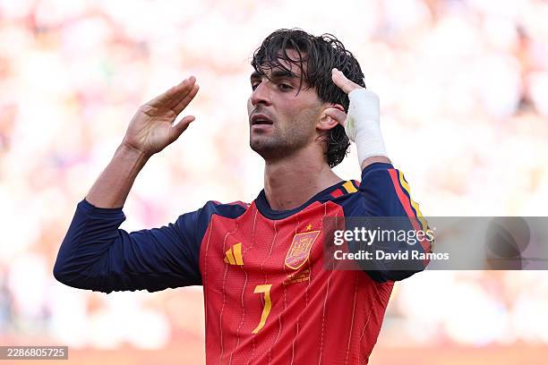 Ferran Torres of Spain celebrates scoring his team's first goal during the FIFA World Cup 2026 Final match between Spain and Argentina at New York...