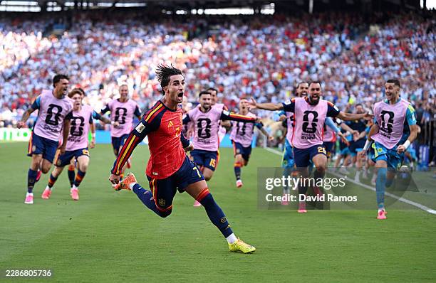 Ferran Torres of Spain celebrates scoring his team's first goal during the FIFA World Cup 2026 Final match between Spain and Argentina at New York...