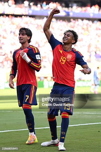 Ferran Torres of Spain celebrates with Lamine Yamal after scoring the team's first goal during the FIFA World Cup 2026 Final match between Spain and...