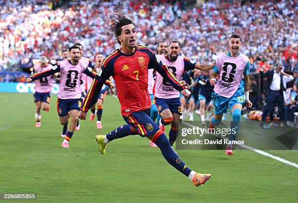 Ferran Torres of Spain celebrates scoring his team's first goal during the FIFA World Cup 2026 Final match between Spain and Argentina at New York...