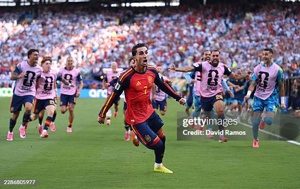 Ferran Torres of Spain celebrates scoring his team's first goal during the FIFA World Cup 2026 Final match between Spain and Argentina at New York...