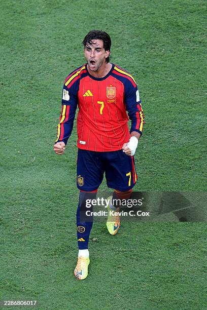 Ferran Torres of Spain celebrates scoring his team's first goal during the FIFA World Cup 2026 Final match between Spain and Argentina at New York...