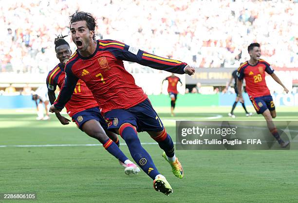 Ferran Torres of Spain celebrates scoring his team's first goal during the FIFA World Cup 2026 Final match between Spain and Argentina at New York...