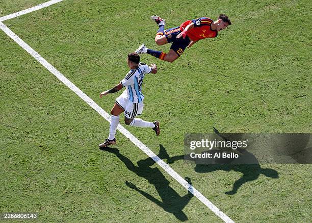 Enzo Fernandez of Argentina fouls Pau Cubarsi of Spain during the FIFA World Cup 2026 Final match between Spain and Argentina at New York New Jersey...