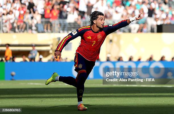 Ferran Torres of Spain celebrates scoring his team's first goal during the FIFA World Cup 2026 Final match between Spain and Argentina at New York...