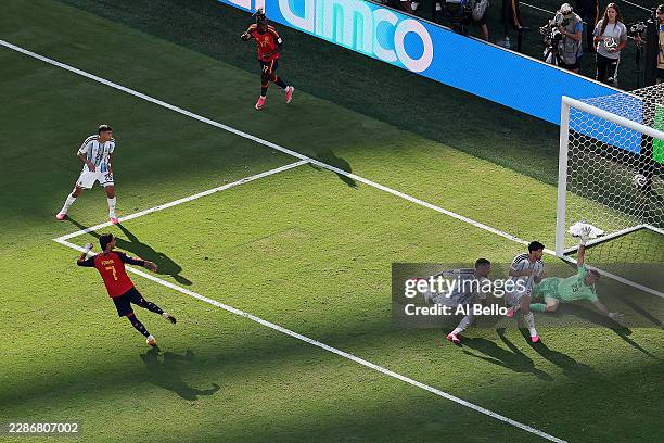 Ferran Torres of Spain celebrates scoring his team's first goal during the FIFA World Cup 2026 Final match between Spain and Argentina at New York...