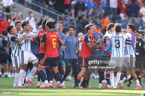 Players scuffle after the FIFA World Cup 2026 Final match between Spain and Argentina at New York New Jersey Stadium on July 19, 2026 in East...