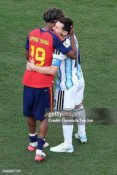 Lamine Yamal of Spain is congratulated by Lionel Messi of Argentina after the 1-0 win during the FIFA World Cup 2026 Final match between Spain and...
