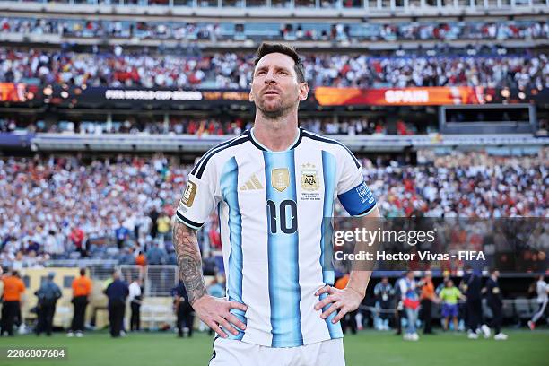 Lionel Messi of Argentina reacts after the 0-1 loss during the FIFA World Cup 2026 Final match between Spain and Argentina at New York New Jersey...