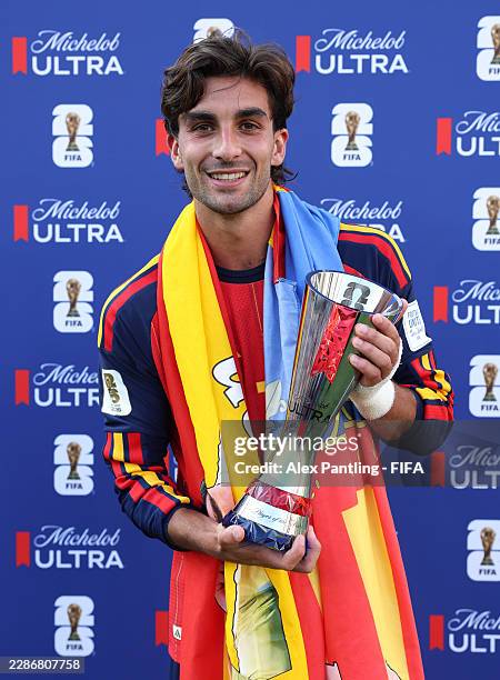 Ferran Torres of Spain poses with the Michelob Ultra Superior Player of the Match Trophy during the FIFA World Cup 2026 Final match between Spain and...