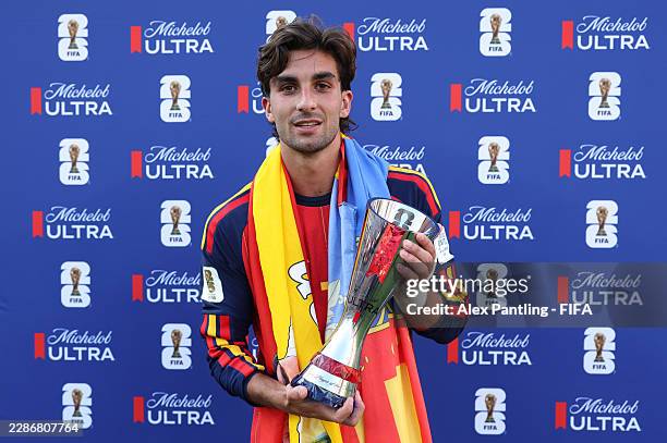 Ferran Torres of Spain poses with the Michelob Ultra Superior Player of the Match Trophy during the FIFA World Cup 2026 Final match between Spain and...