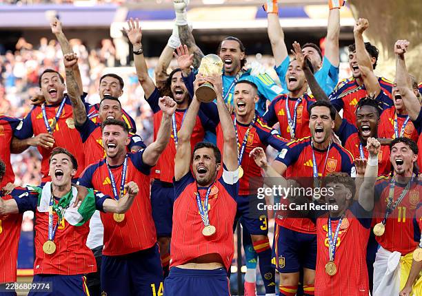 Rodri of Spain lifts the FIFA World Cup Winner’s Trophy after the team’s victory following during the FIFA World Cup 2026 Final match between Spain...