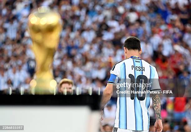 Lionel Messi of Argentina walks off the stage after receiving his medal during the award ceremony following the FIFA World Cup 2026 Final match...
