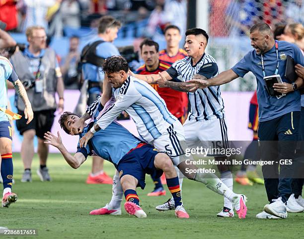 Leandro Paredes of Argentina gets violent against Gavi of Spain after the FIFA World Cup 2026 Final match between Spain and Argentina at New York New...