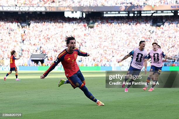 Ferran Torres of Spain celebrates scoring his team's first goal during the FIFA World Cup 2026 Final match between Spain and Argentina at New York...