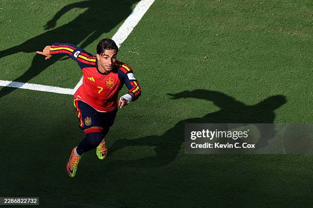 Ferran Torres of Spain celebrates scoring his team's first goal during the FIFA World Cup 2026 Final match between Spain and Argentina at New York...