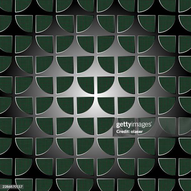 repeating green textured quarter-circle panels form a geometric grid over a gray gradient background, creating a symmetrical pattern with dark borders and subtle metallic highlights. - subtle white backgrounds stock illustrations