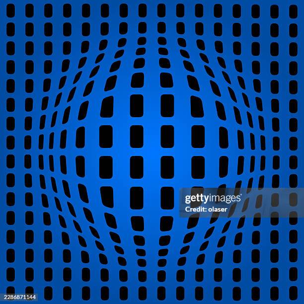blue geometric pattern of black rounded rectangles forming a warped circular grid on a blue background. - distorted image stock illustrations