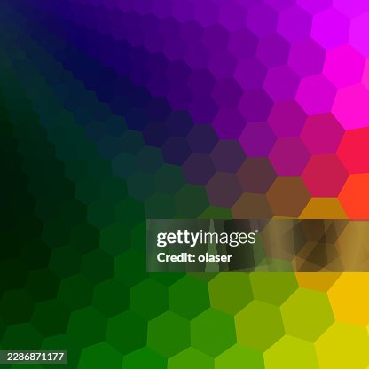 Colorful hexagonal pattern with a smooth gradient shifting from deep green and blue on the left to bright magenta, orange, and yellow on the right. Colorful hexagonal pattern with a smooth gradient shifting from deep green and blue on the left to bright magenta, orange, and yellow on the right.