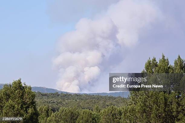 View of the smoke from the forest fire on 20 July 2026 in Guadalajara, Castilla-La Mancha, Spain. The Government of Castilla-La Mancha is working on...