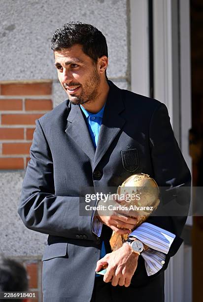 Rodri of Spain carries the trophy as the Spain team visit Zarzuela Palace ahead of the FIFA World Cup 2026 Trophy parade on July 20, 2026 in Madrid,...