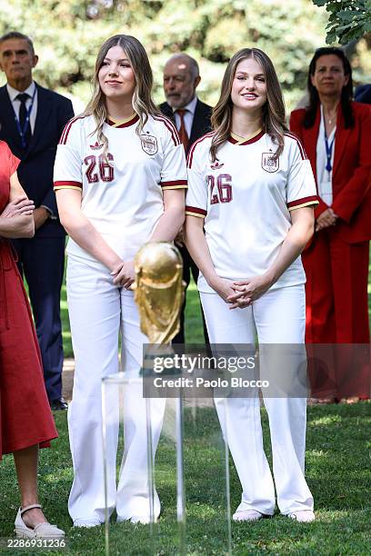 Crown Princess Leonor of Spain and Princess Sofia of Spain meet national football team after the FIFA World Cup 2026 at Zarzuela Palace on July 20,...