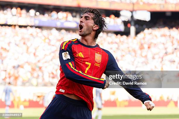 Ferran Torres of Spain celebrates scoring his team's first goal during the FIFA World Cup 2026 Final match between Spain and Argentina at New York...