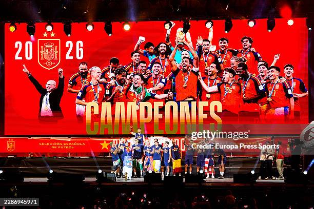 Players of Spain celebrate on stage during celebration of Spain as Champions of the FIFA World Cup 2026 at Cibeles Palace on July 20, 2026 in Madrid,...