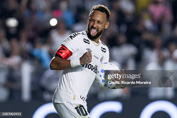 Neymar Junior of Santos celebrates after scoring his team's second goal during the Brasileirao 2026 match between Santos and Chapecoense at Vila...
