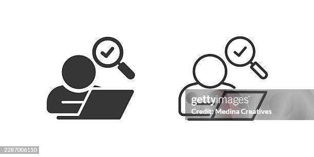 user verification icons. glyph solid and line series icon. - person checking list with computer stock illustrations
