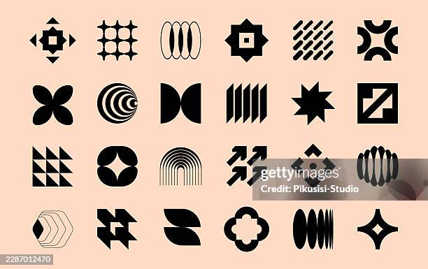 abstract brutalist geometric shapes collection with minimal bauhaus vector design elements, minimal black geometric icon set featuring modern abstract retro symbols and shapes - custom website design stock illustrations