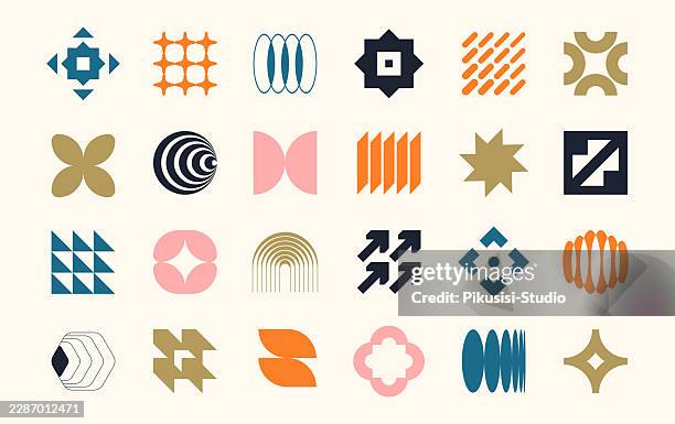 abstract brutalist geometric shapes collection with modern bauhaus vector design elements, colorful minimal geometric icon set featuring retro abstract symbols and modular shapes - string lights isolated stock illustrations