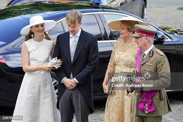Princess Elisabeth of Belgium, Prince Emmanuel of Belgium, Queen Mathilde of Belgium and King Philippe of Belgium arrive for the Te Deum as they...