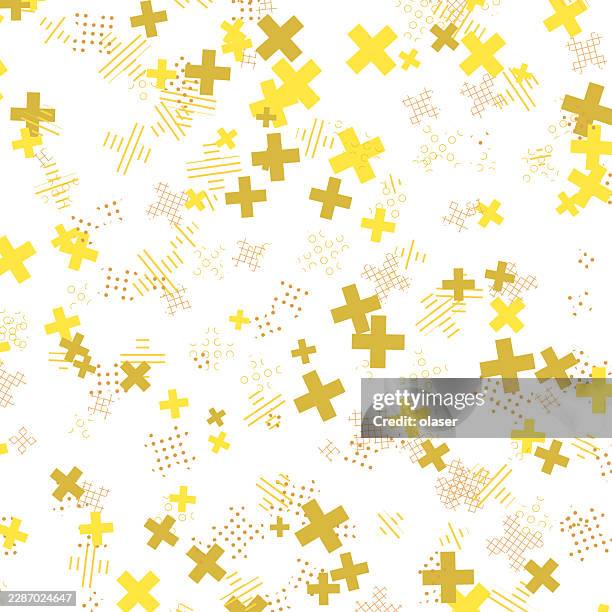 white background covered with scattered yellow plus signs, dots, and small line patterns in a bright, playful repeating design. - confetti flat lay stock illustrations