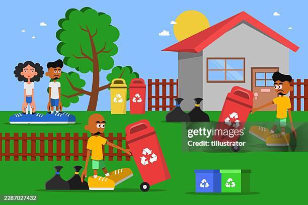 cleaning and recycling garbage - solid waste management stock illustrations