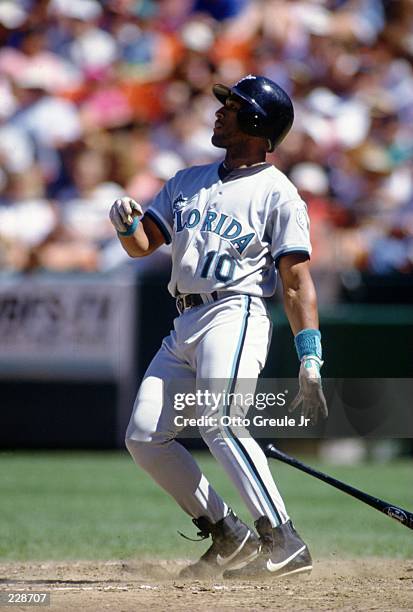 Infielder Gary Sheffield of the Florida Marlins makes contact with a pitch during the Marlins versus San Francisco Giants at Candlestick Park in San...