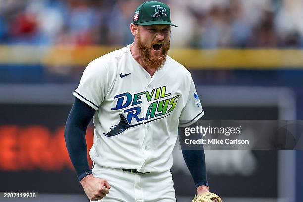 Bryan Baker of the Tampa Bay Rays celebrates a save against the Cleveland Guardians during the ninth inning of a baseball game at Tropicana Field on...