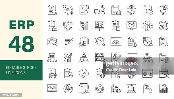 erp icon set. enterprise resource planning icon collection. editable line icons. vector illustration. - erp stock illustrations