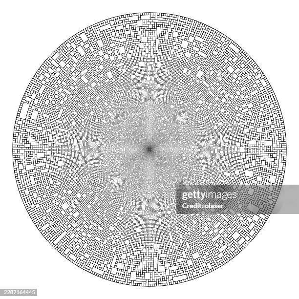 a circular monochrome pattern of many tiny rectangular blocks radiates outward from a dark center, creating a dense geometric texture on a white background. - fibonacci stock illustrations