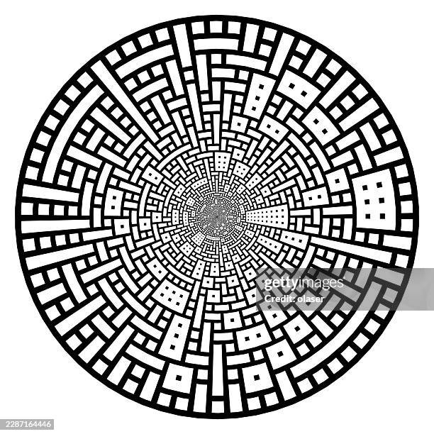 circular black-and-white geometric pattern with dense concentric rings of rectangular shapes radiating from a detailed center on a white background. - white cube stock illustrations