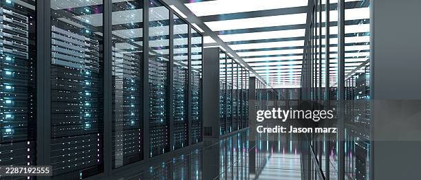 modern data center server room interior with rows of equipment - data centre cloud stock pictures, royalty-free photos & images