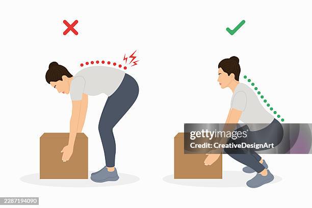 correct and incorrect lifting posture comparison for safe manual handling - lower back pain stock illustrations