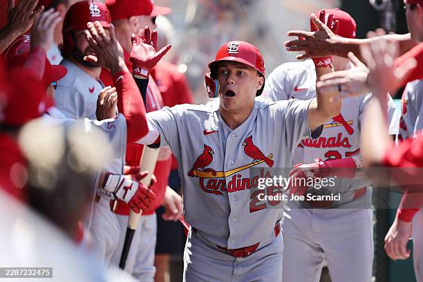 Wetherholt of the St. Louis Cardinals celebrates in the dugout after hitting a home run in the sixth inning against the Los Angeles Angels at Angel...