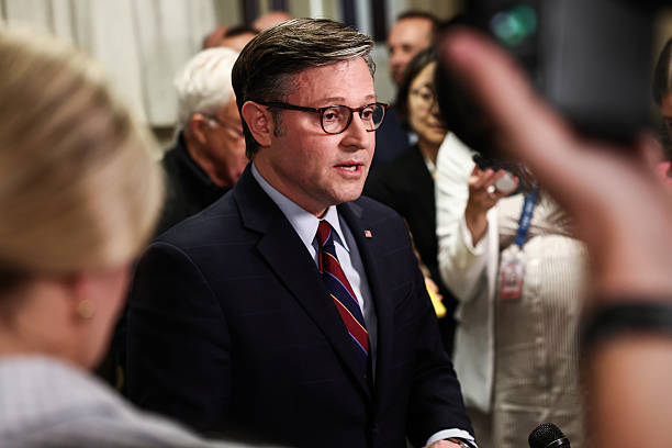 Speaker of the House Mike Johnson departs after speaking to the press in the U.S. Capitol on July 22, 2026 in Washington, DC. Johnson is working to...
