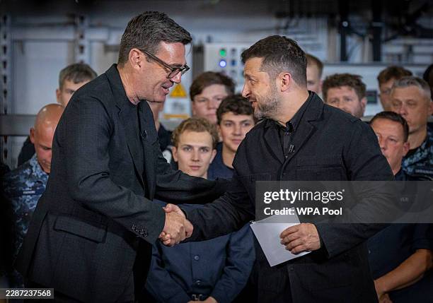 British Prime Minister Andy Burnham shakes hands with Ukrainian President Volodymyr Zelensky during his visit to the UK on July 27, 2026 in...